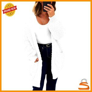 Oversized Open Front Cardigan Chunky Knit Lantern Sleeve Sweater Cozy Pockets